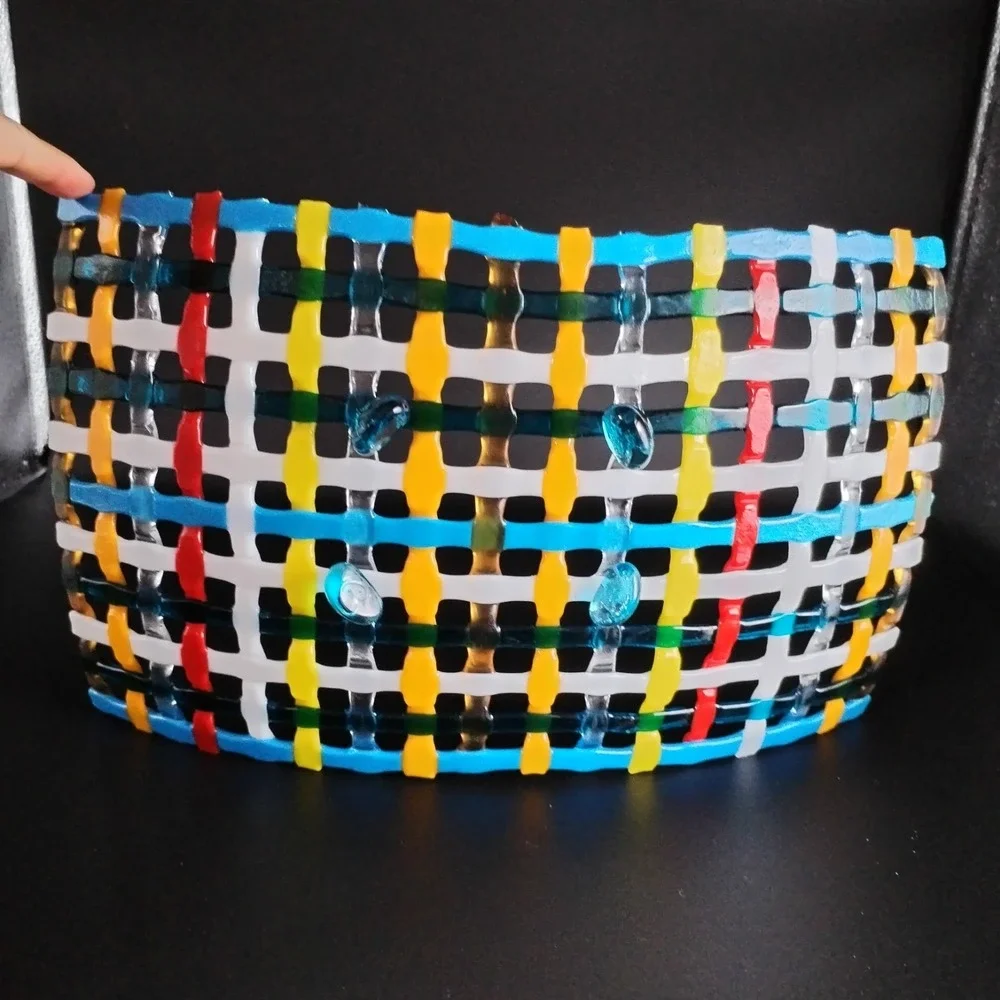 Vintage Fused Art Glass Lattice Tray Woven Grid Bowl Platter Colorful Blue Feet